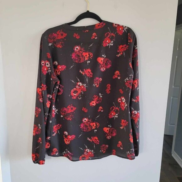 Guess Semi-sheer Black, red and grey floral print blouse. EUC - Picture 3 of 9